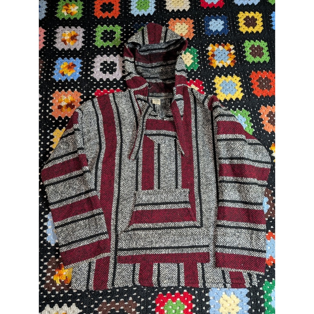 Vintage Artesanias 90s Baja Hoodie Poncho‎ Drug Rug Striped Boho Grunge Medium